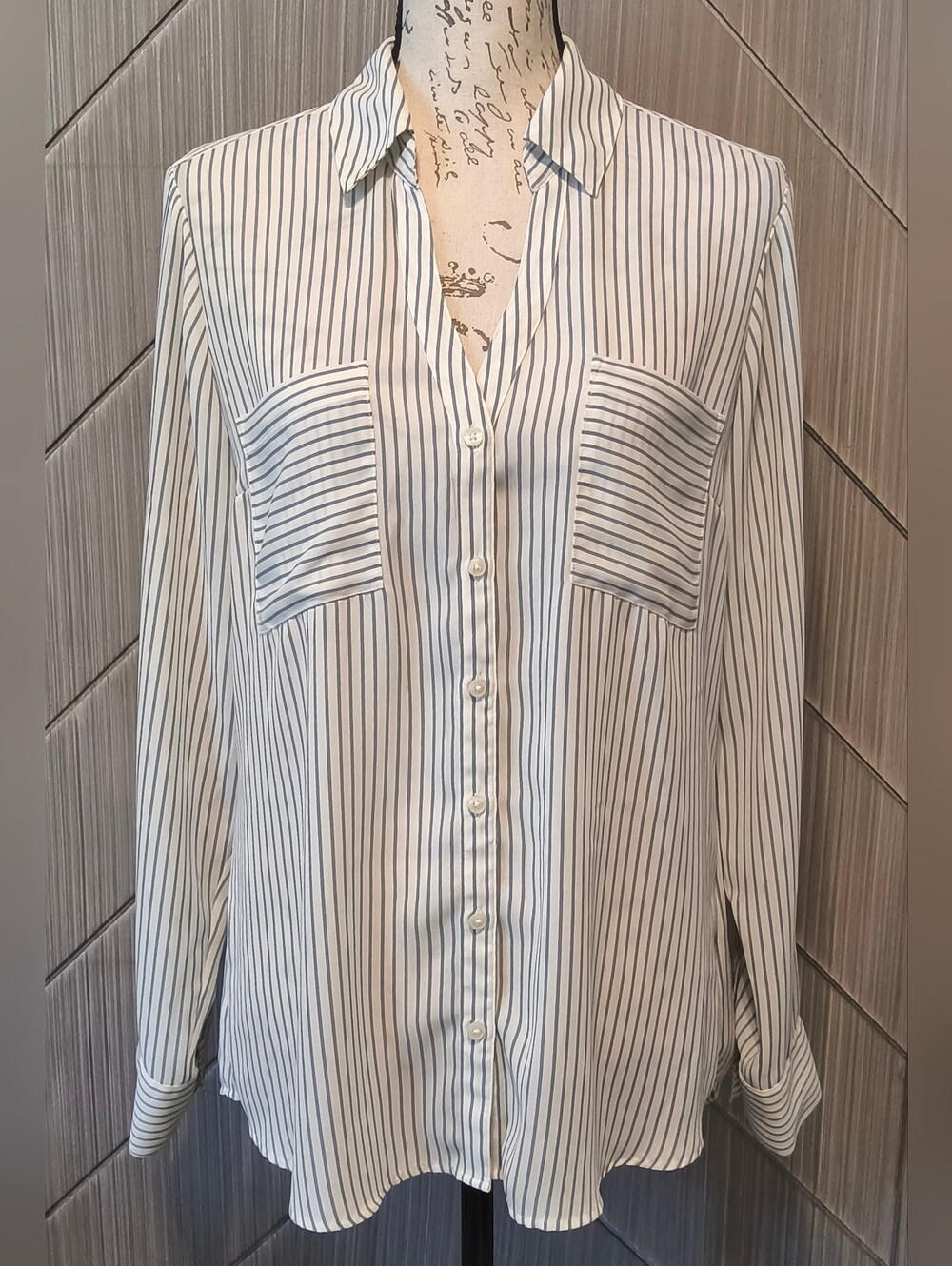 Express L Blue White Pinstripe Button Front Blouse Dual Pocket Preppy Coastal